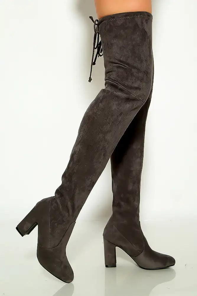 Grey Drawstring Over Knee Chunky High Heel Boots - AMIClubwear