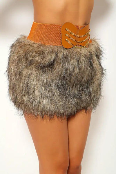 Grey Faux Fur Belted Skirt - AMIClubwear