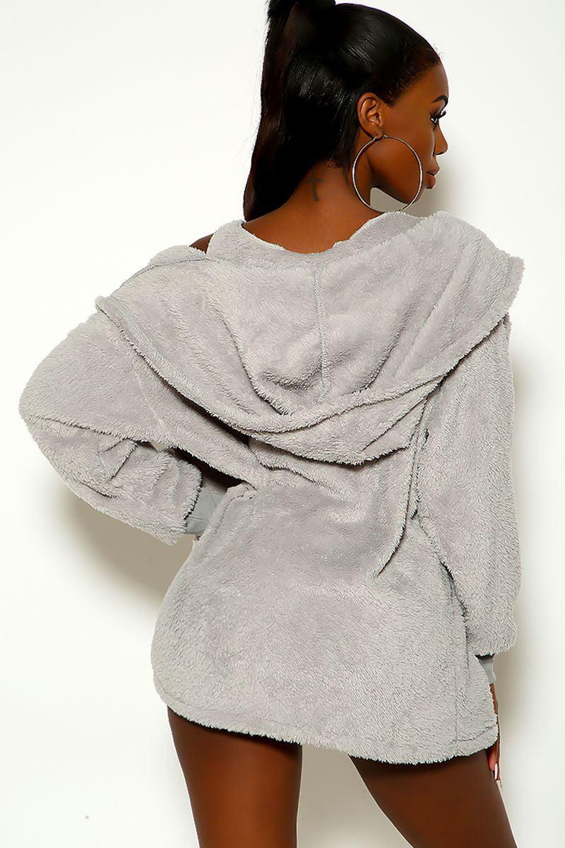 Grey Faux Fur Hooded Three Piece Outfit - AMIClubwear