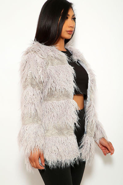 Grey Faux Fur Long Sleeves Coat - AMIClubwear