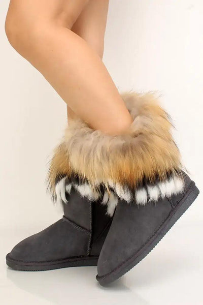 Grey Faux Fur Slip On Booties - AMIClubwear