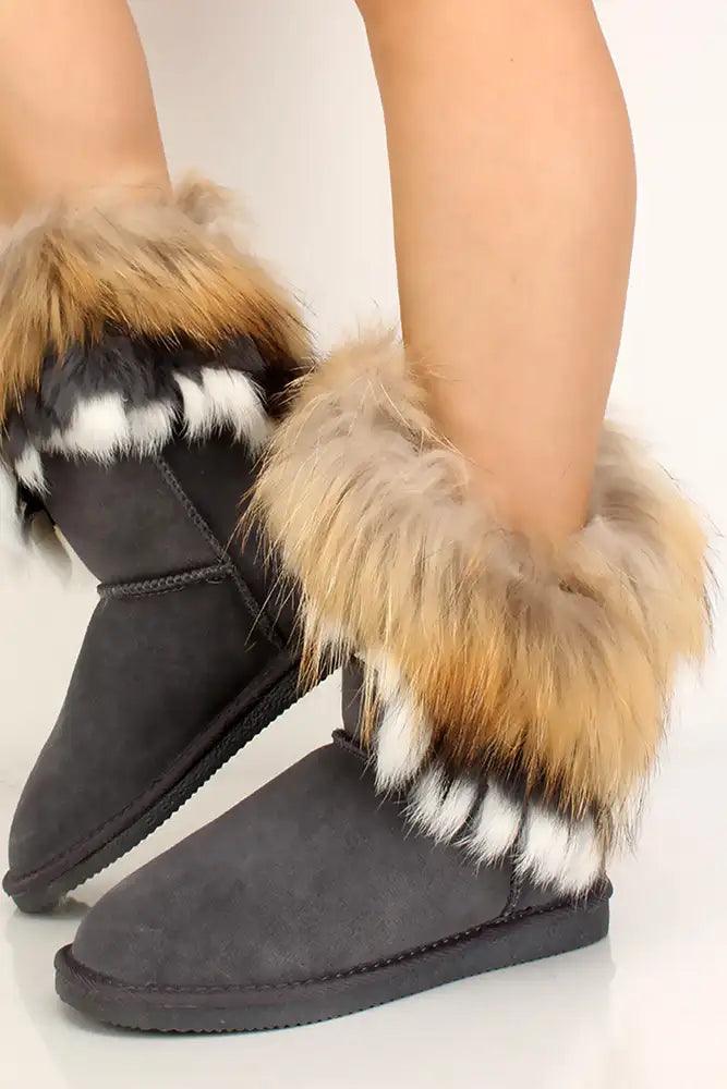 Grey Faux Fur Slip On Booties - AMIClubwear