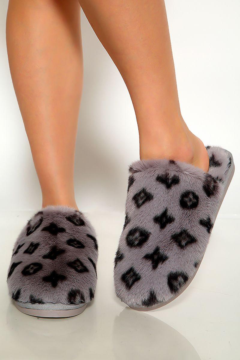 Grey Faux Fur Slip on Graphic Print Cozy Slippers - AMIClubwear