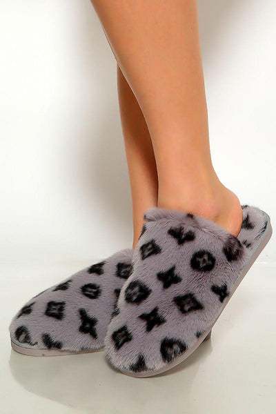 Grey Faux Fur Slip on Graphic Print Cozy Slippers - AMIClubwear