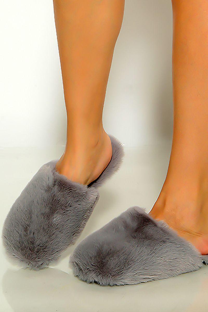 Grey Furry Closed Toe Comfy Slippers - AMIClubwear