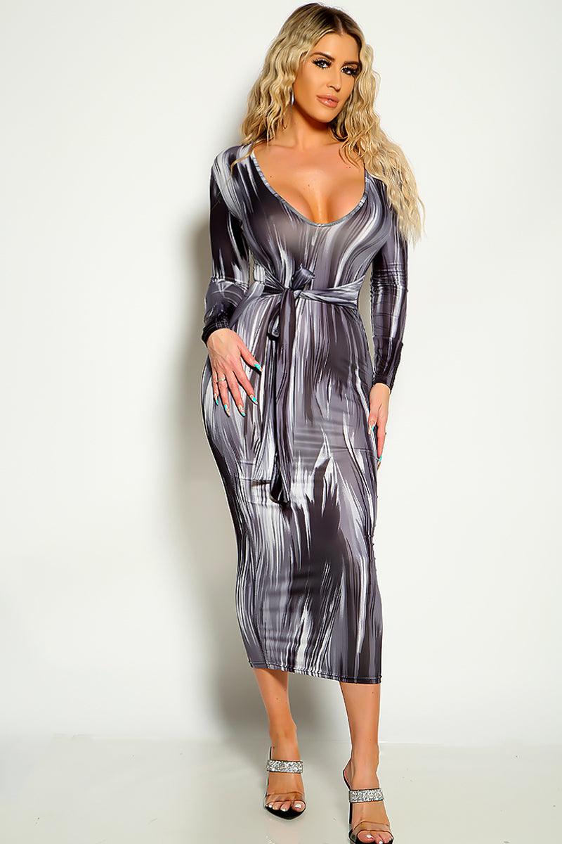 Grey Graphic Print Long Sleeves Sexy Maxi Dress - AMIClubwear