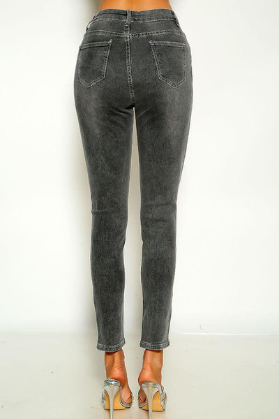 Grey High Waist Button Up Distressed Denim Skinny Jeans - AMIClubwear