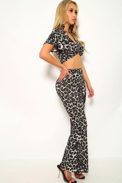 Grey Leopard Print Short Sleeve Two Piece Outfit - AMIClubwear