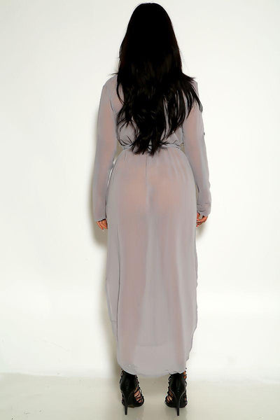 Grey Long Sleeve Belted Party Dress - AMIClubwear