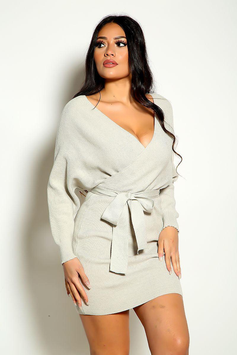 Grey Long Sleeve Cozy Knit Sweater Dress - AMIClubwear