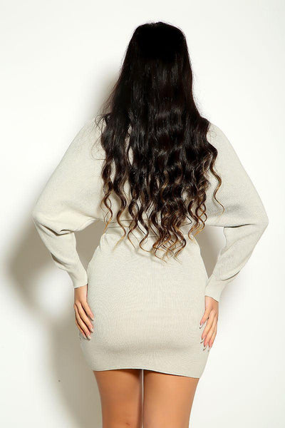 Grey Long Sleeve Cozy Knit Sweater Dress - AMIClubwear