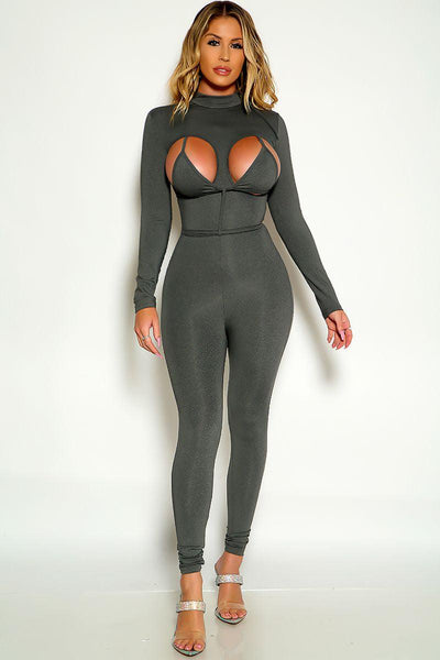 Grey Long Sleeve Cut Out Two Piece Jumpsuit Outfit - AMIClubwear