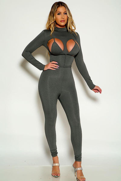 Grey Long Sleeve Cut Out Two Piece Jumpsuit Outfit - AMIClubwear
