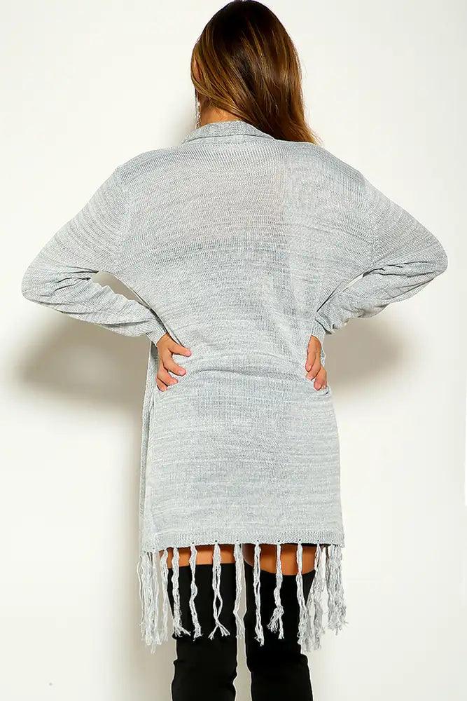 Grey Long Sleeve Fringe Knitted Cardigan - AMIClubwear