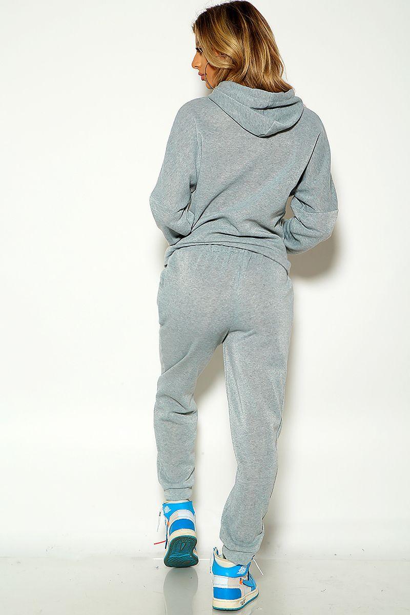 Grey Long Sleeve Hooded Cropped Loungewear Two Piece Outfit - AMIClubwear