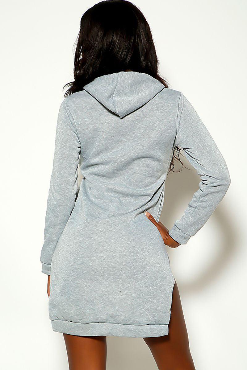 Grey Long Sleeve Hooded High Low Sweater Dress - AMIClubwear