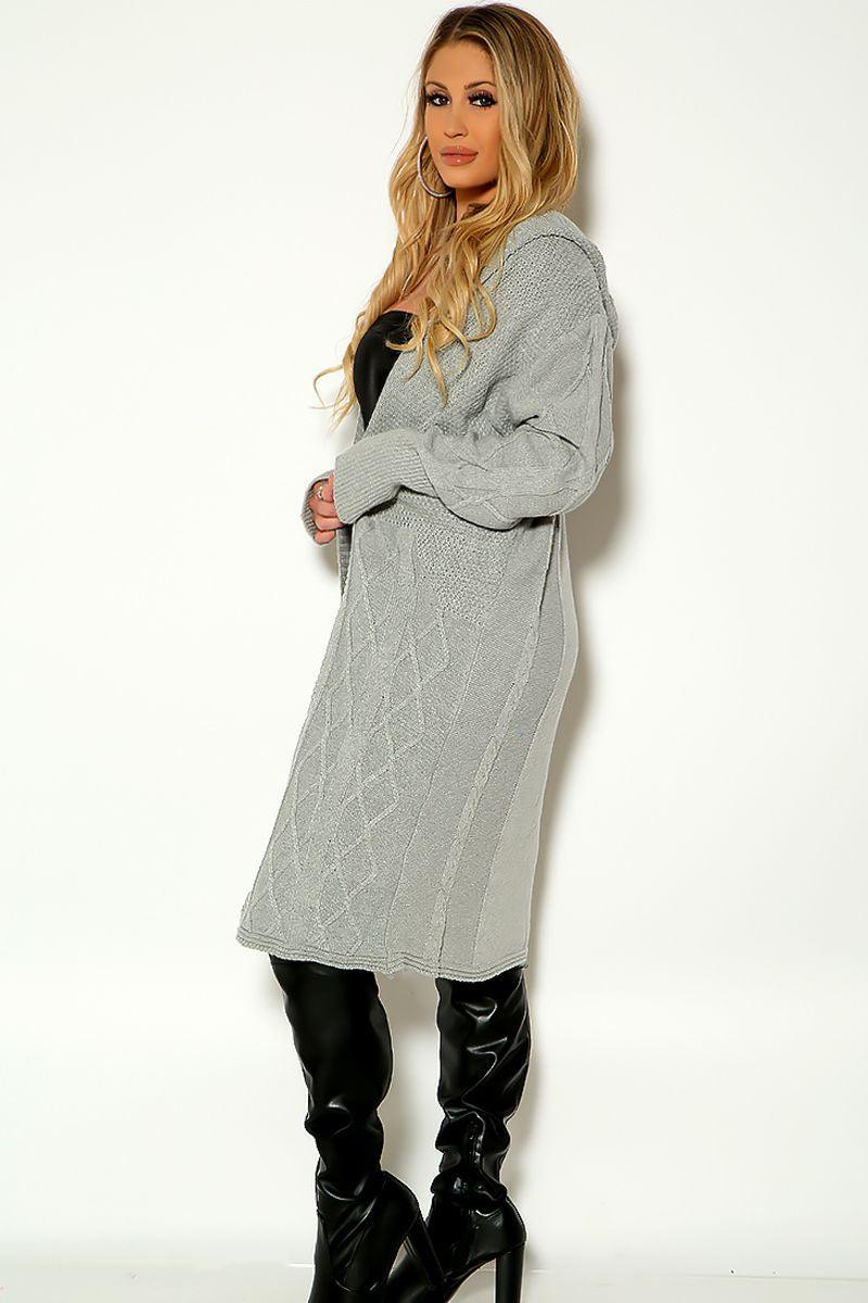 Grey Long Sleeve Hooded Knitted Cardigan - AMIClubwear