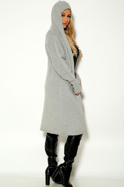 Grey Long Sleeve Hooded Knitted Cardigan - AMIClubwear