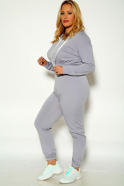Grey Long Sleeve Hooded Plus Size Two Piece Outfit - AMIClubwear