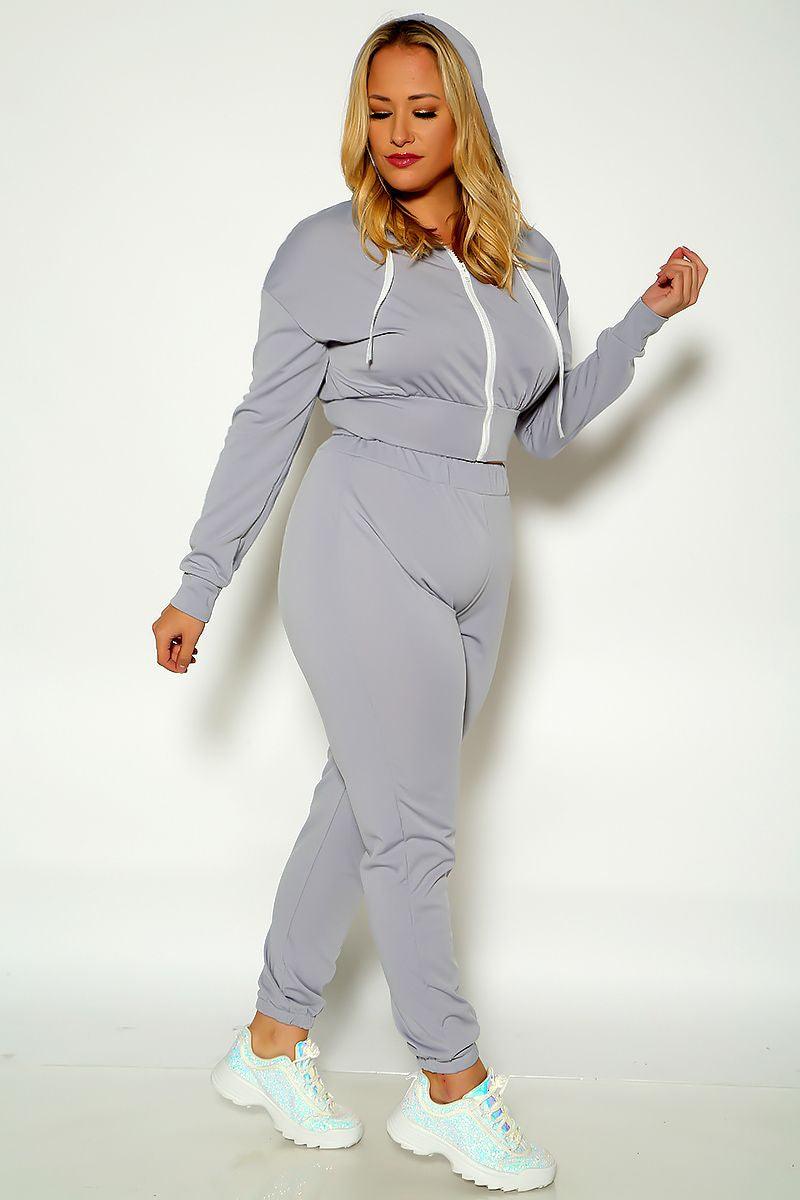 Grey Long Sleeve Hooded Plus Size Two Piece Outfit - AMIClubwear