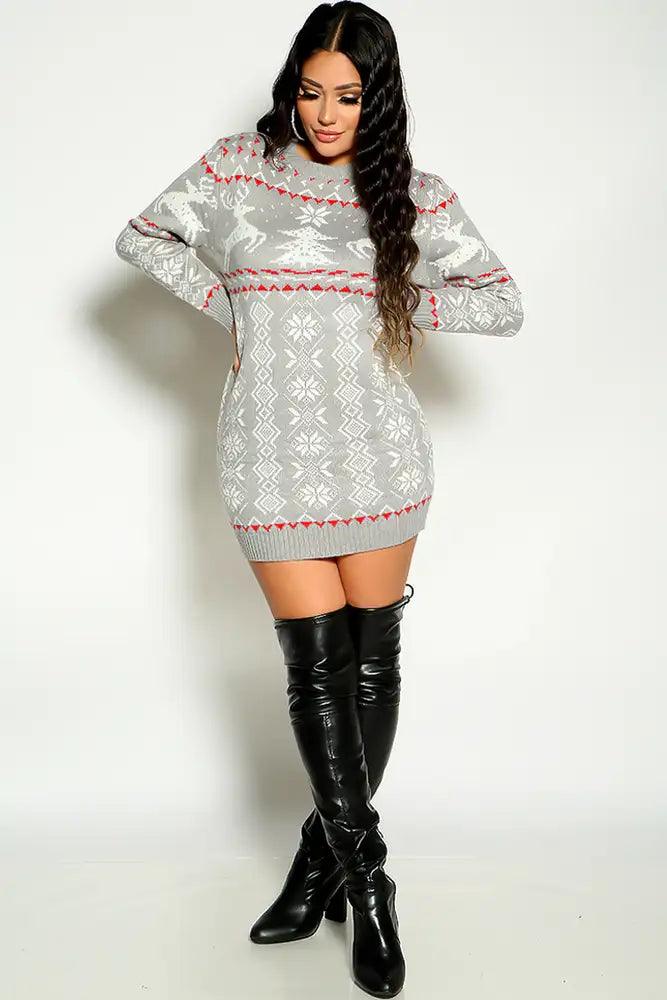 Grey Long Sleeve Knitted Holiday Sweater Dress - AMIClubwear