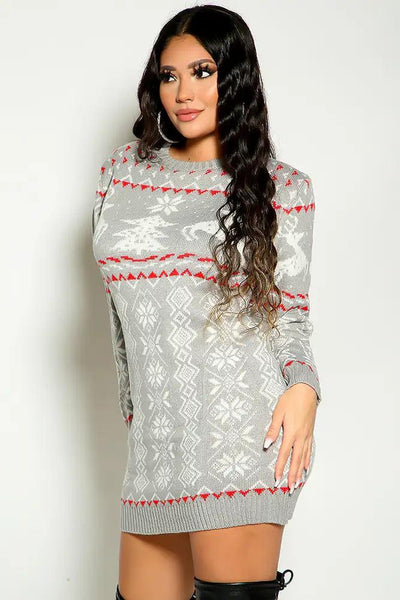 Grey Long Sleeve Knitted Holiday Sweater Dress - AMIClubwear
