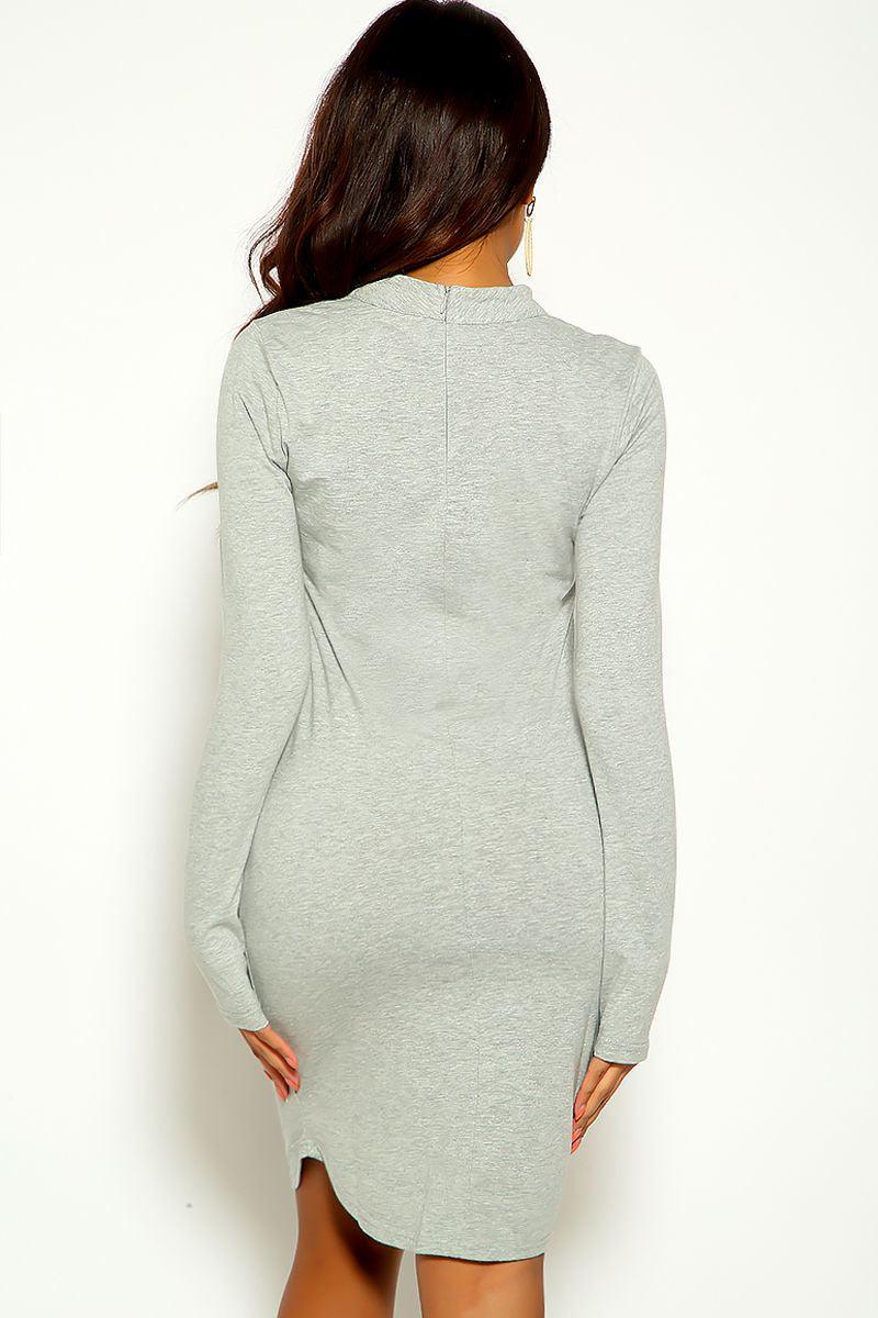 Grey Long Sleeve Mock Neck Dress - AMIClubwear