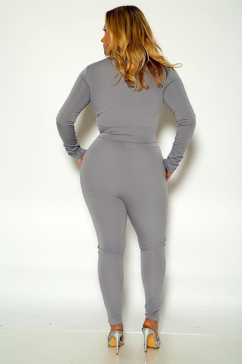 Grey Long Sleeve Mock Neck Plus size Two Piece Outfi - AMIClubwear