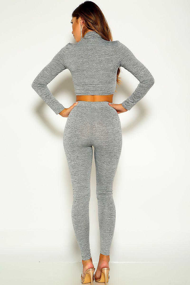 Grey Long Sleeve Mock Neck Two Piece Outfit - AMIClubwear