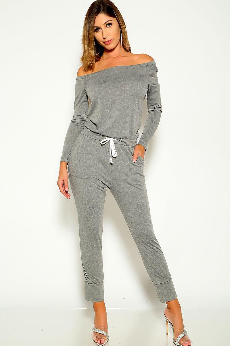 Grey Long Sleeve Off The Shoulder Jumpsuit Lounge Wear Outfit - AMIClubwear