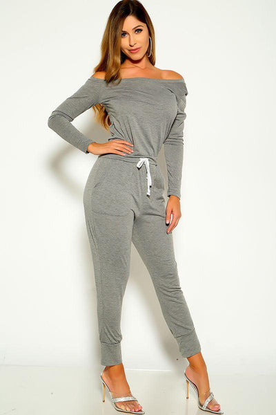 Grey Long Sleeve Off The Shoulder Jumpsuit Lounge Wear Outfit - AMIClubwear