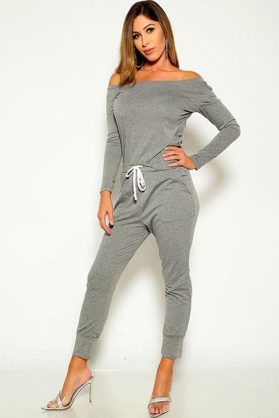 Grey Long Sleeve Off The Shoulder Jumpsuit Lounge Wear Outfit - AMIClubwear