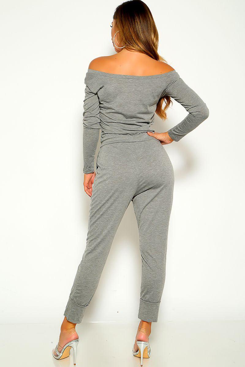 Grey Long Sleeve Off The Shoulder Jumpsuit Lounge Wear Outfit - AMIClubwear