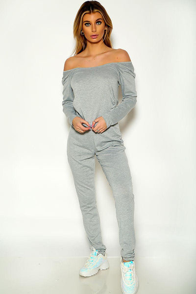 Grey Long Sleeve Off The Shoulder Lounge Wear Outfit - AMIClubwear