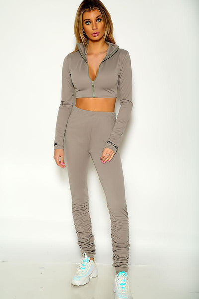 Grey Long Sleeve Ribbed Cropped Two Piece Lounge Wear Set - AMIClubwear