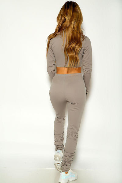 Grey Long Sleeve Ribbed Cropped Two Piece Lounge Wear Set - AMIClubwear