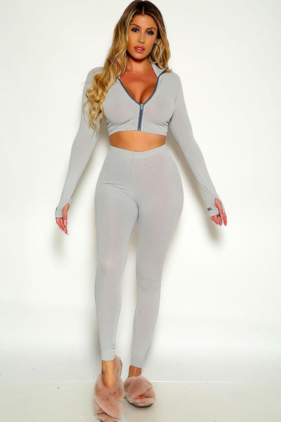 Grey Long Sleeve Ribbed Cropped Zip Up Two Piece Lounge Wear Set - AMIClubwear