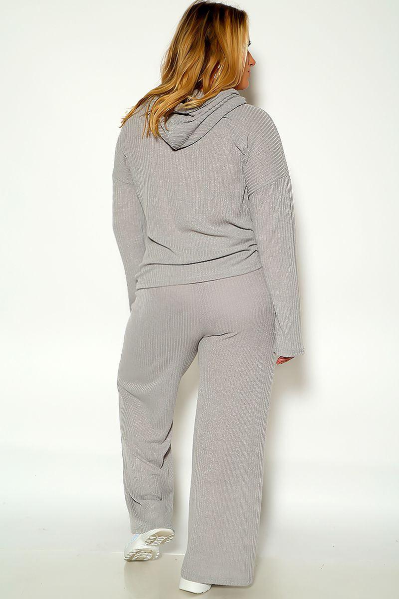 Grey Long sleeve Ribbed Lounge Wear Plus Size Two Piece Outfit - AMIClubwear