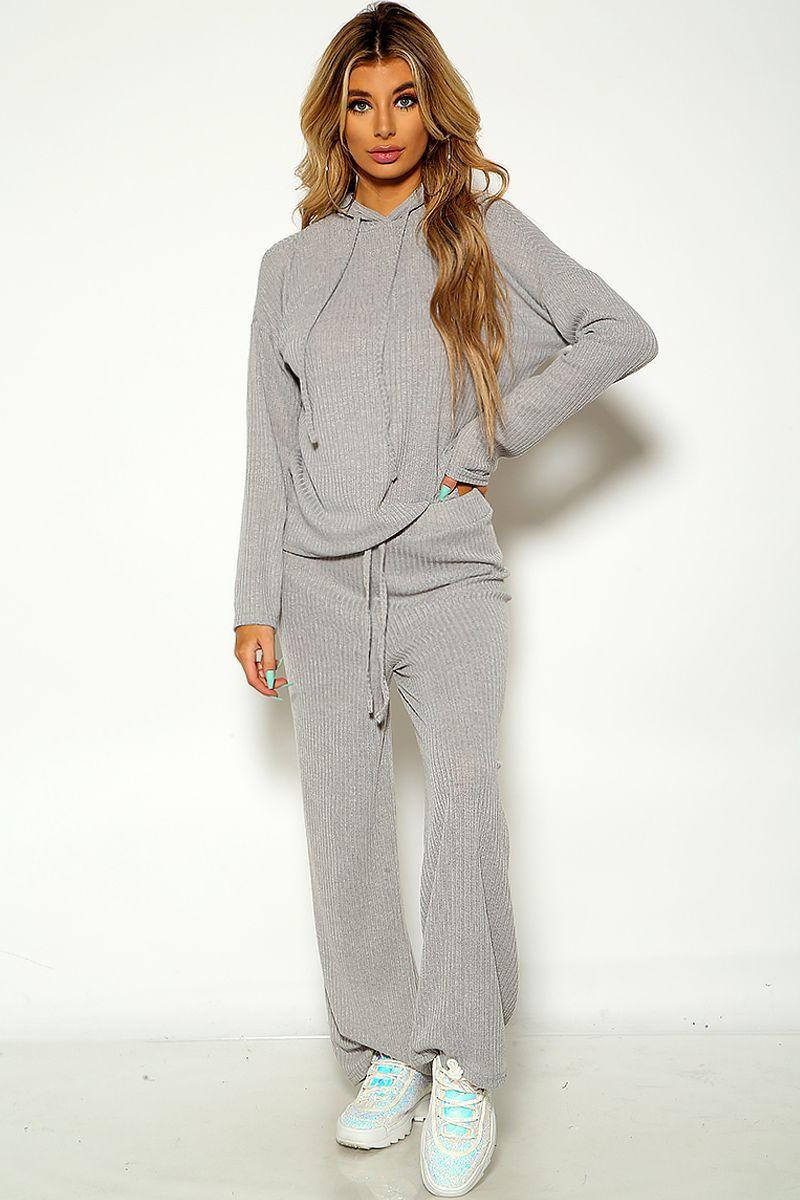 Grey Long sleeve Ribbed Lounge Wear Two Piece Outfit - AMIClubwear