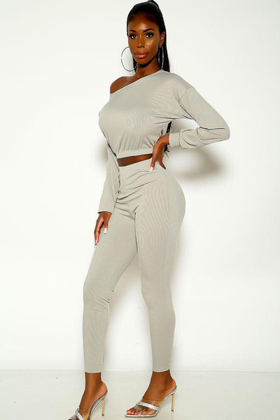 Grey Long Sleeve Ribbed Two Piece Outfit - AMIClubwear