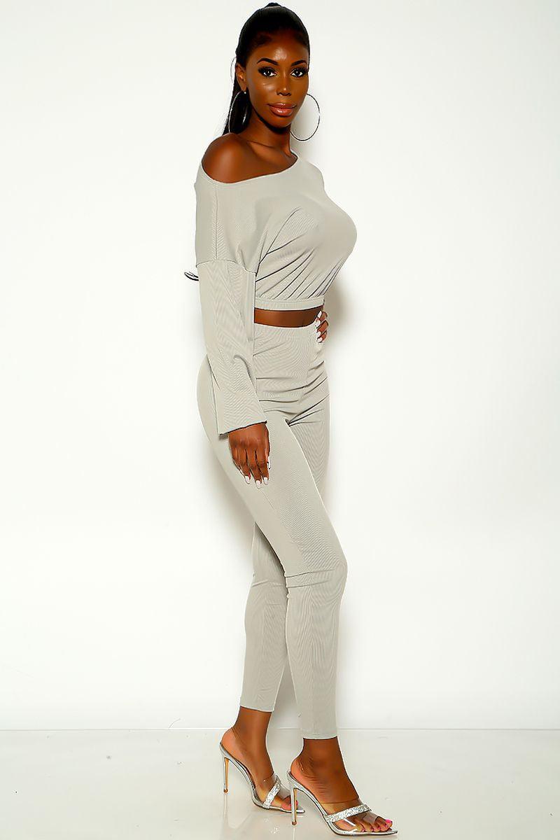 Grey Long Sleeve Ribbed Two Piece Outfit - AMIClubwear