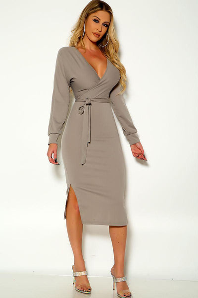 Grey Long Sleeve Side Slit Belted Dress - AMIClubwear