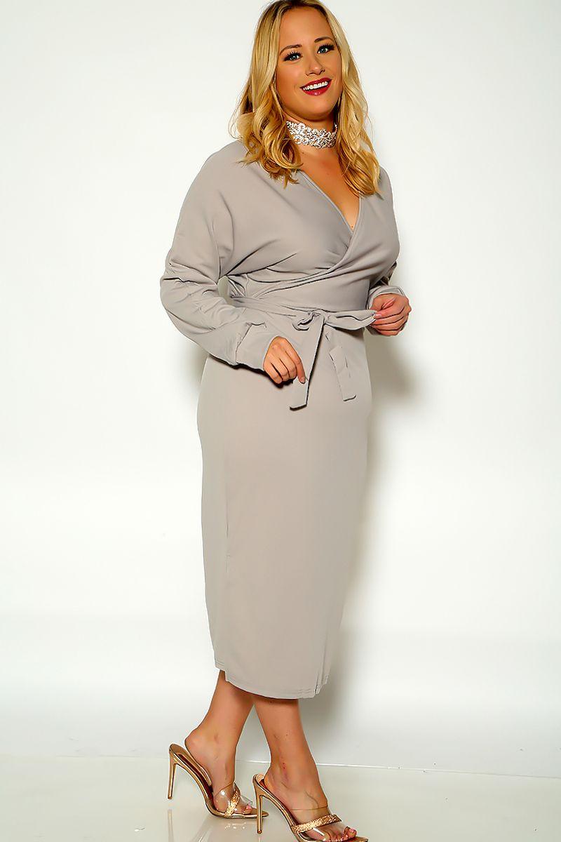 Grey Long Sleeve Side Slit Belted Dress - AMIClubwear