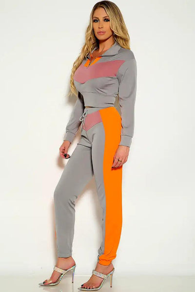 Grey Long Sleeve Two Tone 2 Piece Lounge Wear Outfit - AMIClubwear