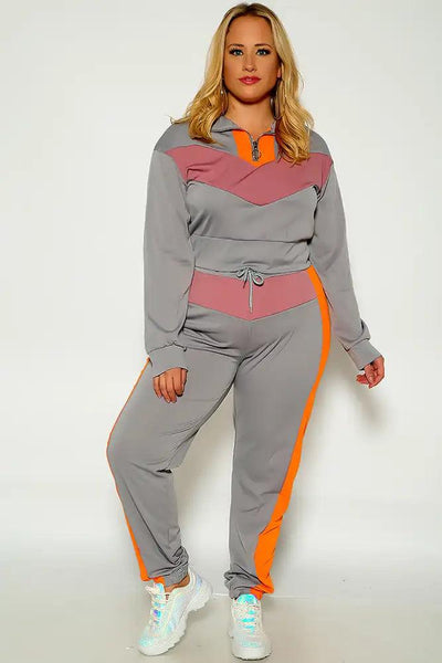 Grey Long Sleeve Two Tone 2 Piece Plus Size Lounge Wear Outfit - AMIClubwear