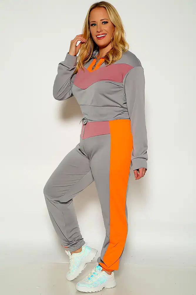 Grey Long Sleeve Two Tone 2 Piece Plus Size Lounge Wear Outfit - AMIClubwear