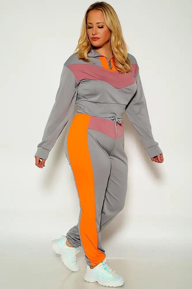 Grey Long Sleeve Two Tone 2 Piece Plus Size Lounge Wear Outfit - AMIClubwear