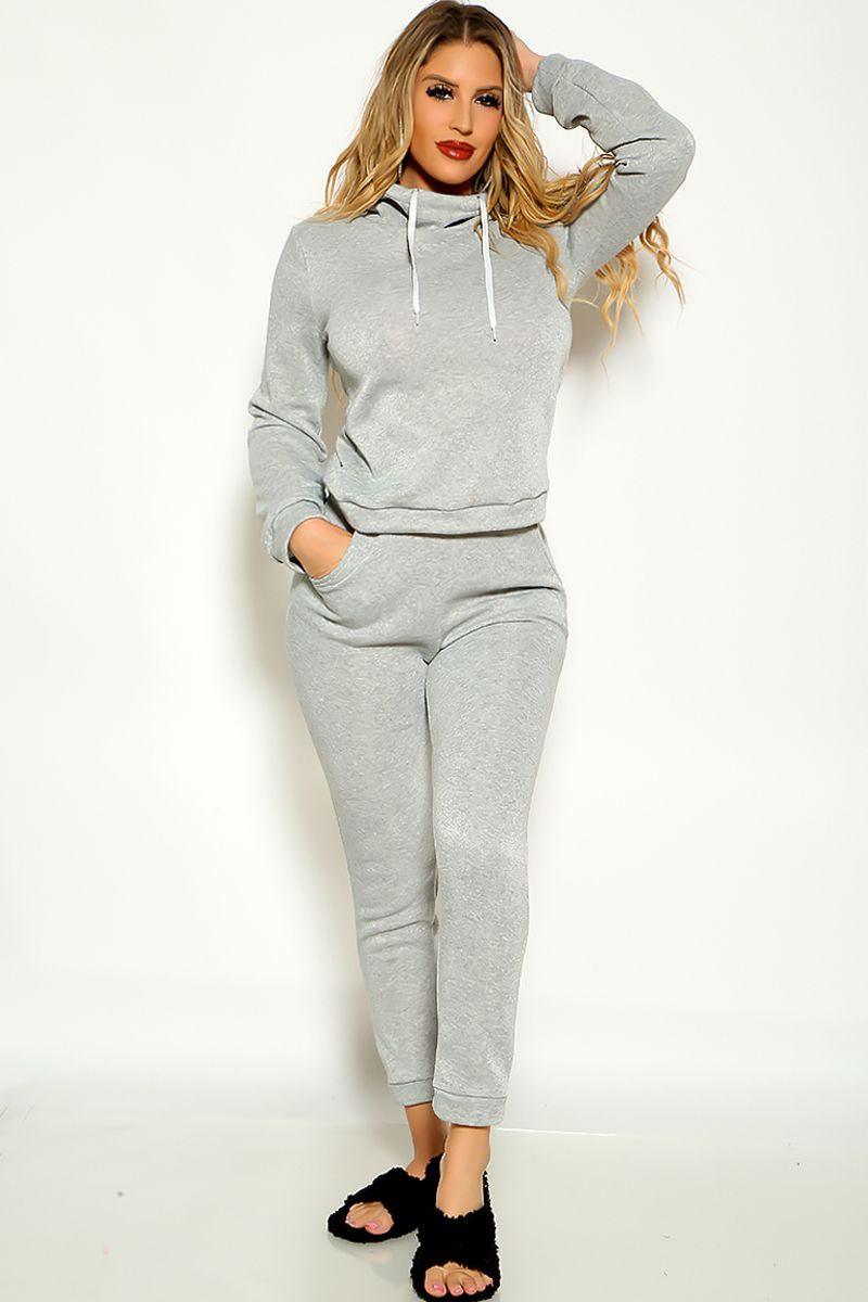 Grey Long Sleeve Warm Hooded Lounge Wear Two Piece Outfit - AMIClubwear