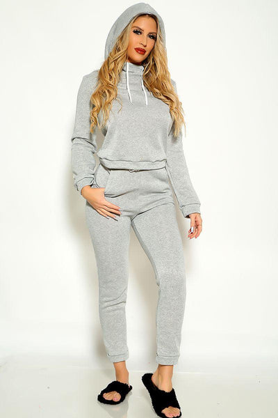 Grey Long Sleeve Warm Hooded Lounge Wear Two Piece Outfit - AMIClubwear