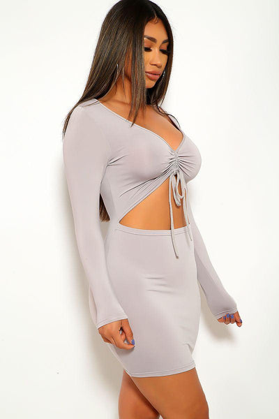 Grey Long Sleeves V Cut Party Dress - AMIClubwear